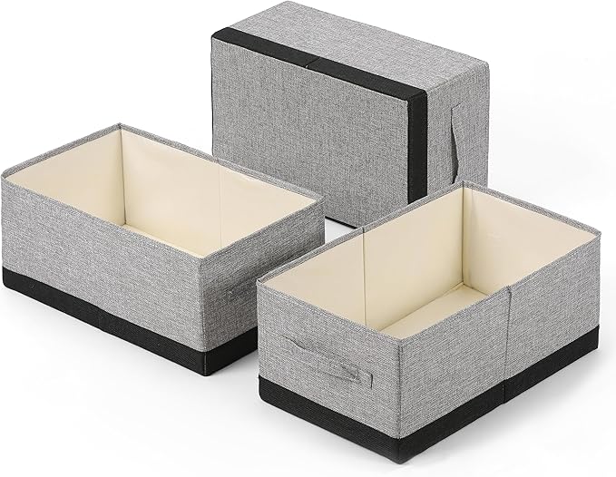 Linen Folding Storage Bins, 3 Pack Large Storage Baskets, Washable, Clothing Storage Bins with Handle, Closet Organizer for Storage Sweater,Sheets (gray black, 18½"x11"x8½")-Ruum Studio Home