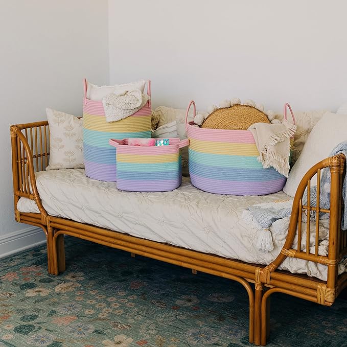 OrganiHaus Cute Basket for Pastel Rainbow Classroom Decor 20x13, Toy Basket Storage for Kids Room, Toy Bins for Kids Organizer, Large Blanket Basket Living Room, Rainbow Storage Bins, Nursery Hamper-Ruum Studio Home
