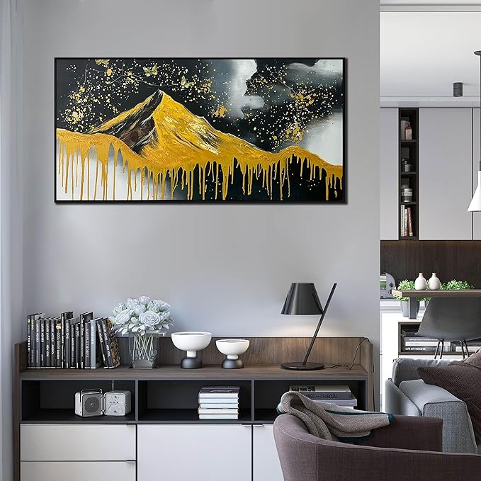 Gold Mountains Painted Wall Art for Living Room - Hand Painted Abstract Wall Art for Office - Black Framed Wall Art for Bedroom Size 29" x 59"-Ruum Studio Home
