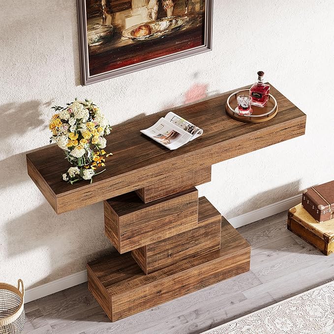 Tribesigns 42.5" Farmhouse Console Table, Narrow Wood Sofa Table Behind Couch with Geometric Base, Industrial Entryway Accent Table for Living Room, Hallway, Entrance (Rustic Brown)-Ruum Studio Home