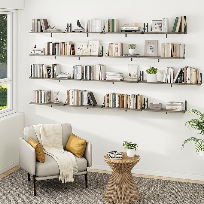 Heimlove Floating Shelves for Wall 24 Inches,8 Inches Deep Wall Bookshelf Mounted Display&Storage Wood Shelves for Kitchen Bathroom Laundry Living Room,Set of 3 (Silver Grey)-Ruum Studio Home