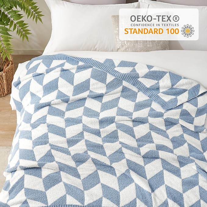 Snuggle Sac Chevron Throw Blanket for Couch, Reversible Super Soft Warm Blankets Cozy Knit Fuzzy Plush Lightweight Throws for Sofa, Bed, Camping, Blue, 50x60 inches-Ruum Studio Home