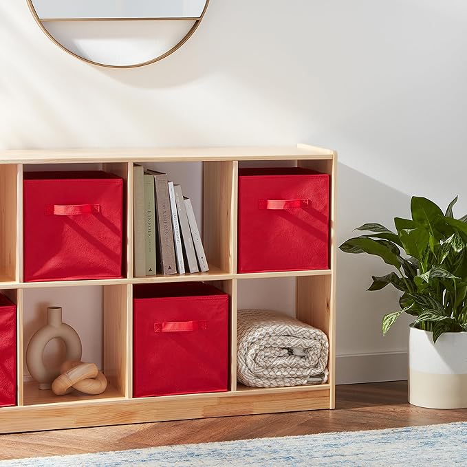 Amazon Basics Cube Organizer Storage Bins Handles, Collapsible Fabric, Pack of 6, 10.5"x10.5"x11", Red-Ruum Studio Home