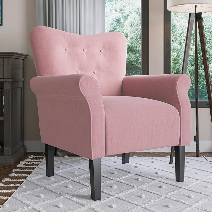 BELLEZE Modern Accent Chair for Living Room, High Back Armchair with Wooden Legs, Upholstered Wingback Side Chair Padded Armrest Single Sofa Club Chair for Living Room, Bedroom - Allston (Pink)-Ruum Studio Home