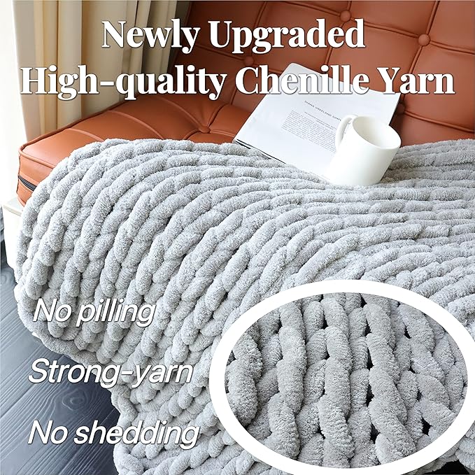 Maetoow Chenille Chunky Knit Blanket Throw （50×60 Inch）, Handmade Warm & Cozy Blanket Couch, Bed, Home Decor, Soft Breathable Fleece Banket, Christmas Thick and Giant Yarn Throws，Grey-Ruum Studio Home