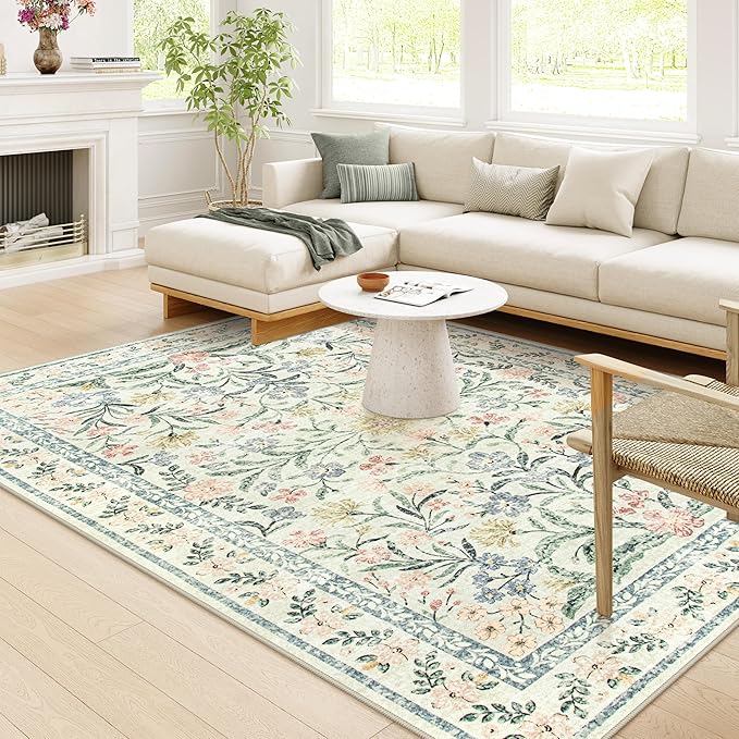 Wonnitar Large Washable 8x10 Rug, Boho Living Room Rug 8 x 10, Soft Floral Carpet for Bedroom Non Slip, Indoor Soft Beige Carpets for Dining Room Apartment Office-Ruum Studio Home