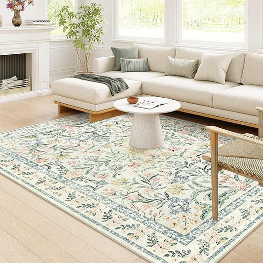 Wonnitar Large Washable 8x10 Rug, Boho Living Room Rug 8 x 10, Soft Floral Carpet for Bedroom Non Slip, Indoor Soft Beige Carpets for Dining Room Apartment Office-Ruum Studio Home