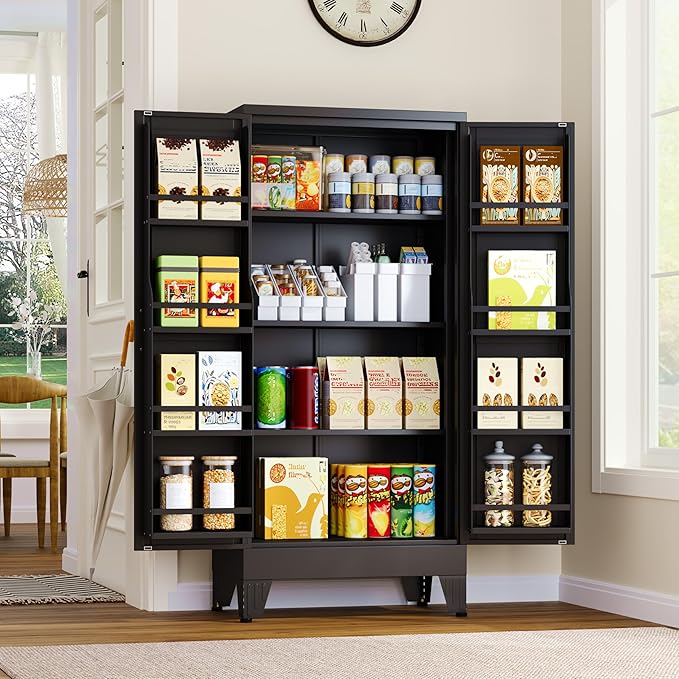 51" Metal Kitchen Pantry Cabinet, Storage Cabinets with 2 Door and 3 Adjustable Shelves, Black Freestanding Food Storage Cabinet, Steel Cupboard for Kitchen Dinning Room-Ruum Studio Home