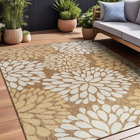 Beverly Rug Outdoor Rug 8x10 Modern Exotic Tropical Leaf Area Rugs for Indoor and Outdoor Patio Deck Porch Garden Water Resistant Washable Outside Carpet (8 x 10 Wooden)-Ruum Studio Home