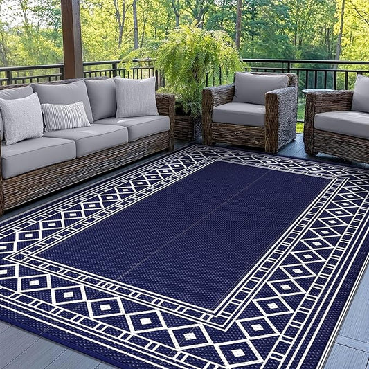 GENIMO Outdoor Rug Waterproof for Patio Decor, 6'x9' Foldable Reversible Plastic Straw Carpet for Travel Trailers, Outside Area Mat for Rv, Deck, Picnic, Porch, Camper, Balcony, Beach, Blue & White-Ruum Studio Home