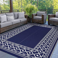 GENIMO Outdoor Rug Waterproof for Patio Decor, 8'x10' Foldable Reversible Plastic Straw Carpet for Travel Trailers, Outside Area Mat for Rv, Deck, Picnic, Porch, Camper, Balcony, Beach, Blue & White-Ruum Studio Home