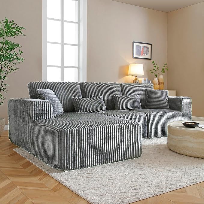 HYJT-H&K Modular Sectional Sofa Cloud Sectional Couch, 107" Comfy Fluffy L Shaped Dark Grey Couches for Living Room, Deep Seat Memory Foam Plush Corduroy Boneless Couch Sectionals Left Facing Chaise-Ruum Studio Home