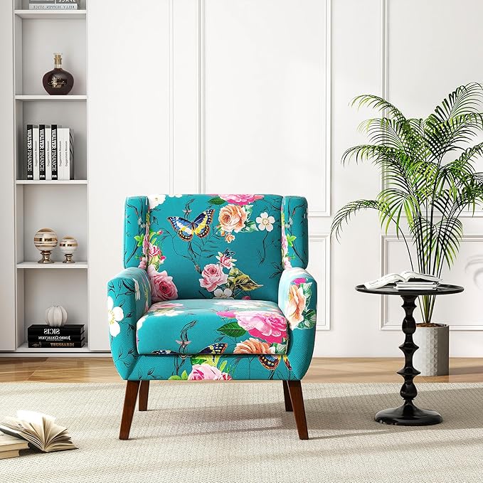 UIXE Floral Accent Chair, Modern Upholstered Armchair in Fabric for Living Room, Comfy Club Arm Chairs Single Sofa Button Tufted Bedroom Reading Seat - Pattern Blue, Set of 2-Ruum Studio Home