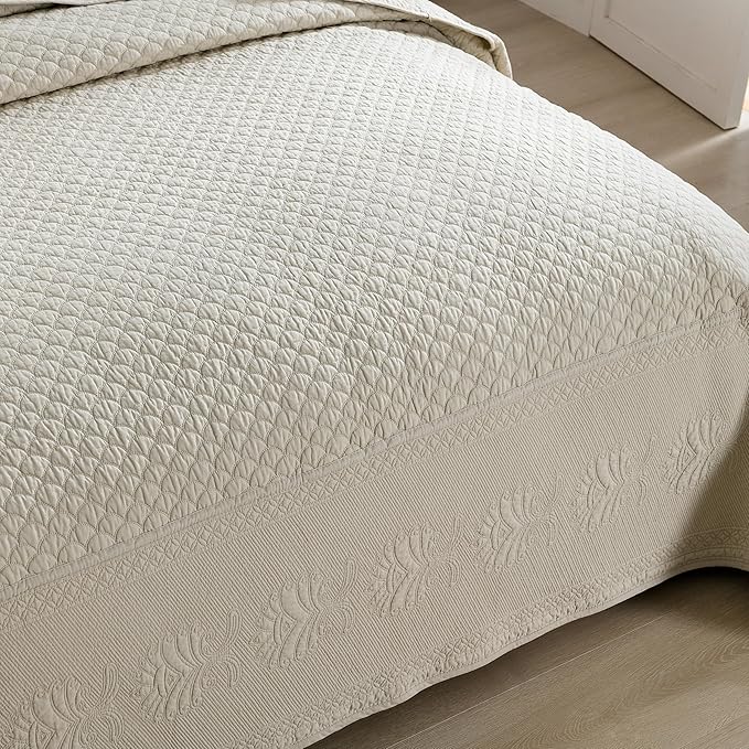MarCielo 3-Piece 100% Cotton Oversized Bedspread Lightweight Quilt Coverlet Embroidery Farmhouse Bedding Set (TM Khaki Beige, Oversized Queen (100"x106"))-Ruum Studio Home