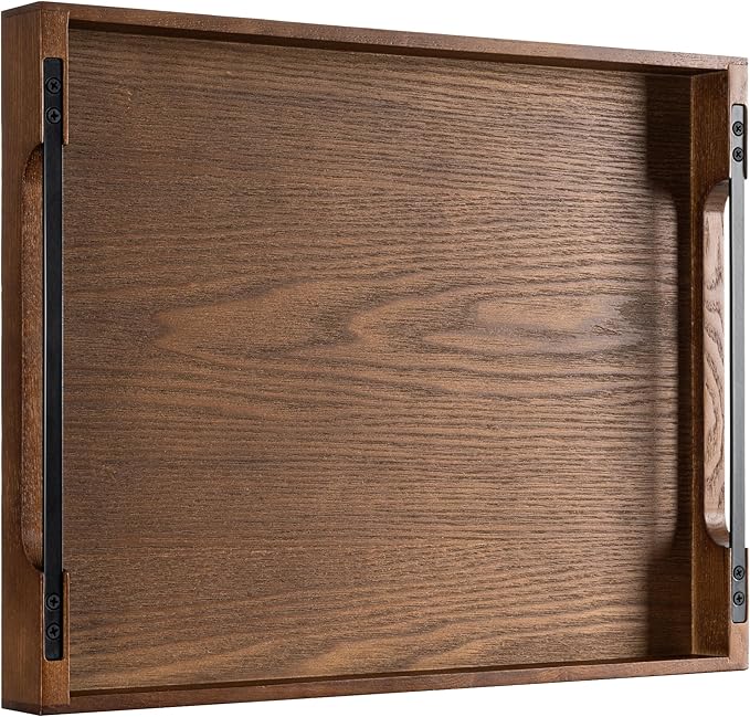 Axeman Wooden Serving Tray with Metal Handles|Ottoman Tray for Breakfast, Bed, Couch|17x13in Ash Wood Coffee Table Trays|Food Drinks Decorative Storage Boards for Ottoman Kitchen, Walnut-Ruum Studio Home