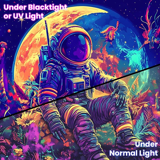 BVBOX Astronaut Space Blacklight Tapestry 79"x59", UV Reactive Astronaut Moon Garden Flower Universe Galaxy Planet Glow in Dark Tapestries, Black Light Neon Upright Poster Wall Hanging Backdrop Decor for Bedroom Living Room-Ruum Studio Home
