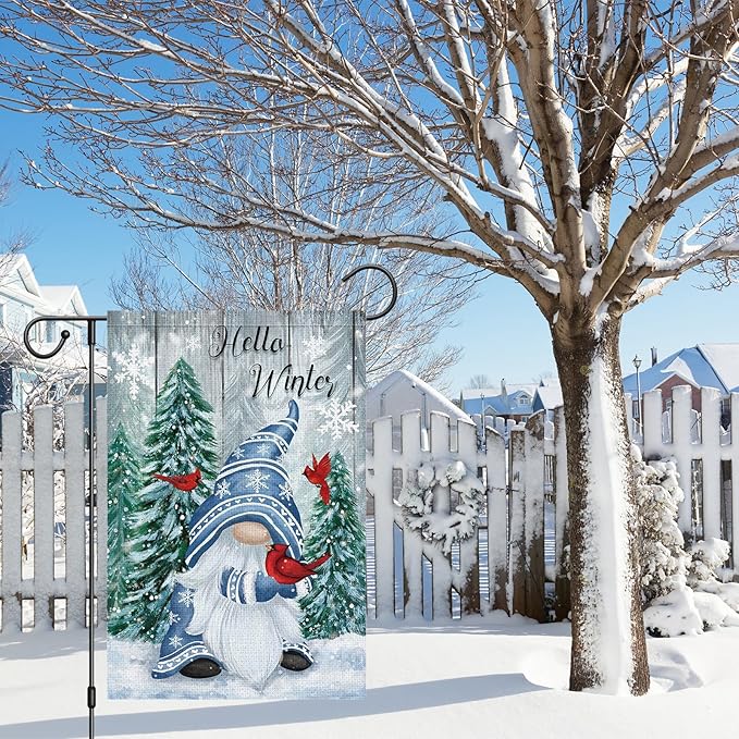 Hello Winter Gnome Garden Flag 12x18 Double Sided Burlap Cardinals Snowflakes Snow Yard Flags for Christmas Seasonal Outside Outdoor House Decoration (ONLY FLAG)-Ruum Studio Home