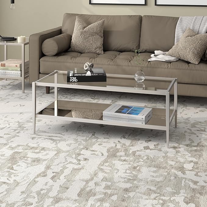 Henn&Hart 45" Wide Rectangular Coffee Table with Mirror Shelf in Satin Nickel, Coffee Table coffee tables for living room, studio apartment essentials-Ruum Studio Home