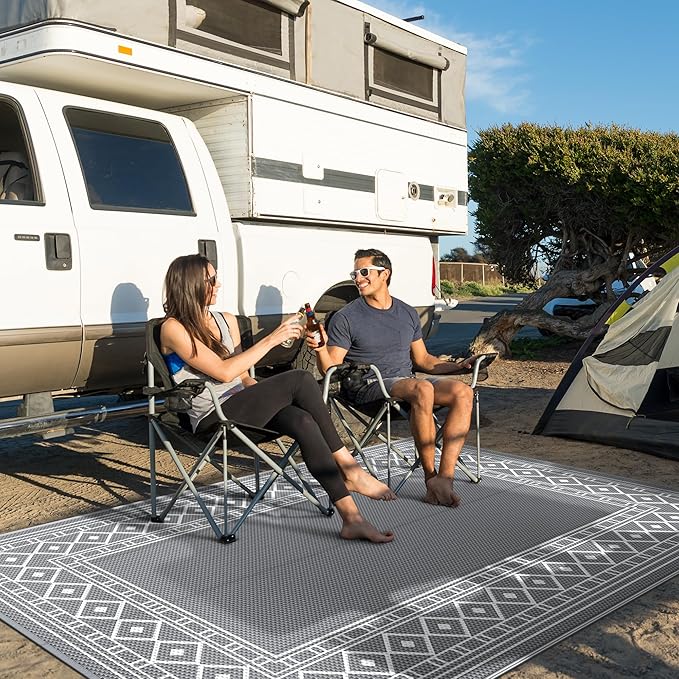 GENIMO Outdoor Rug Waterproof for Patio Decor, 8'x10' Reversible Outdoor Plastic Straw Rug Carpet, Camping Mats for Outdoor Decor, RV, Backyard, Deck, Balcony, Picnic, Grey & White-Ruum Studio Home