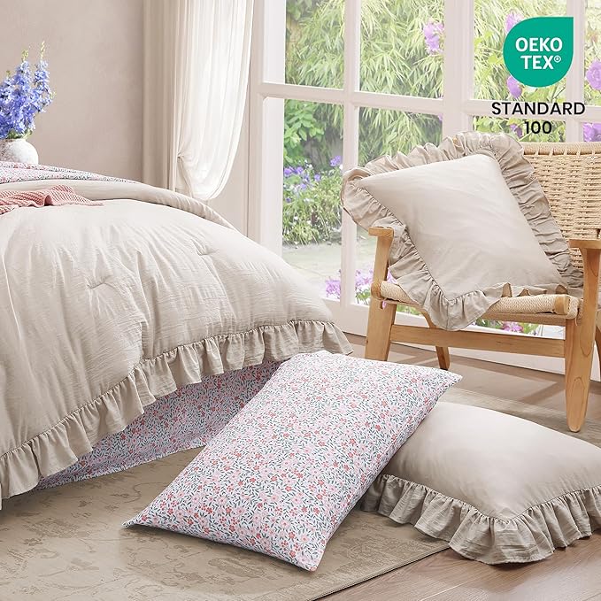 Full Comforter Set - 7 Pieces Ruffle Beige Bedding Sets, Shabby Chic Farmhouse Bed in a Bag Full with Ruffle Comforter, Floral Sheets, Pillowcases & Shams-Ruum Studio Home