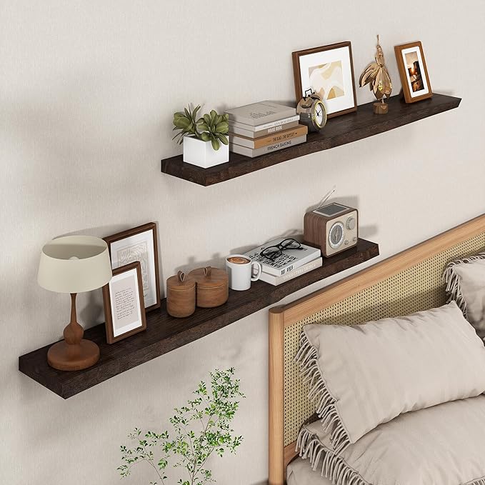 Axeman 48 inch Floating Shelves for Wall - 8'' D Live Edge Rustic Solid Elm Wood Floating Shelves Wall Mounted, Hanging Shelves with Invisible Bracket for Living Room Bedroom Kitchen, Walnut-Ruum Studio Home