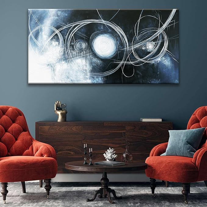 TAIJXAGSG Abstract Wall Art Modern Wall Decorations Maximalist Dark Blue Canvas Wall Art Decor Prints White Line Artwork For Living Room Bedroom Kitchen Office Artwork Ready To Hang 24"×48"-Ruum Studio Home
