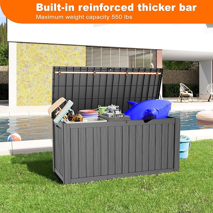150 Gallon Deck Box,Resin Outdoor Storage Box with Lockable for Patio Furniture, Pool Accessories, Garden Tools Waterproof Outside Storage Box, Black-Ruum Studio Home
