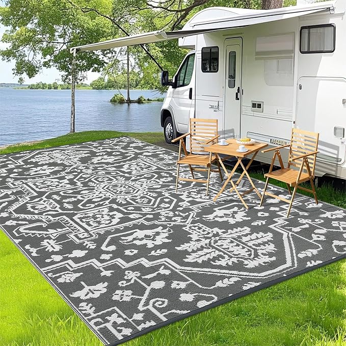 Waterproof Outdoor Rug 9x18 Reversible Plastic Straw Patio Rug, Stain-Resistant Vintage Medallion Carpet, Large Indoor Outdoor RV Mat for Deck, Camping, Balcony, Grey White-Ruum Studio Home