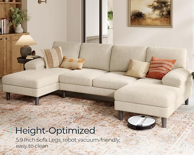 LINSY HOME Sectional Couch, 111'' W Corduroy U Shaped Sofa with Sleepable Armrests, 4 Seat Couch with Double Chaises, Deep Seat Sofa for Living Room, Beige-Ruum Studio Home