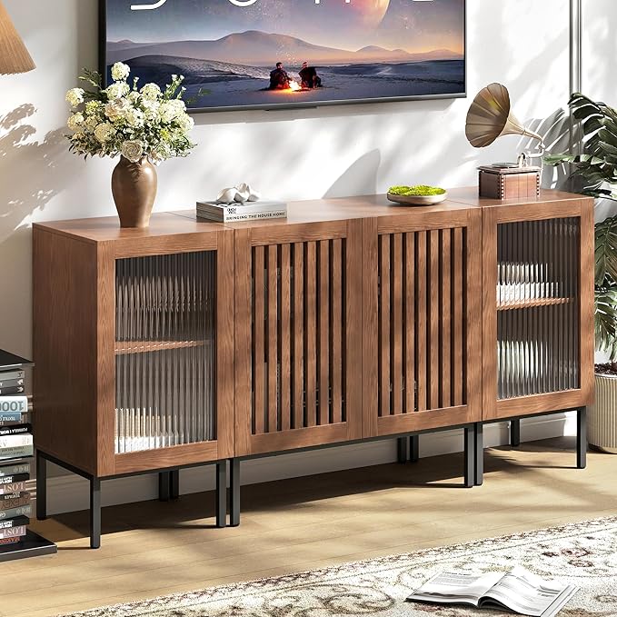 Farmhouse TV Stand for TVs up to 70 Inch, Entertainment Center TV Console with Storage Cabinets and Glass Doors,Media Console for Living Room,Brown-Ruum Studio Home