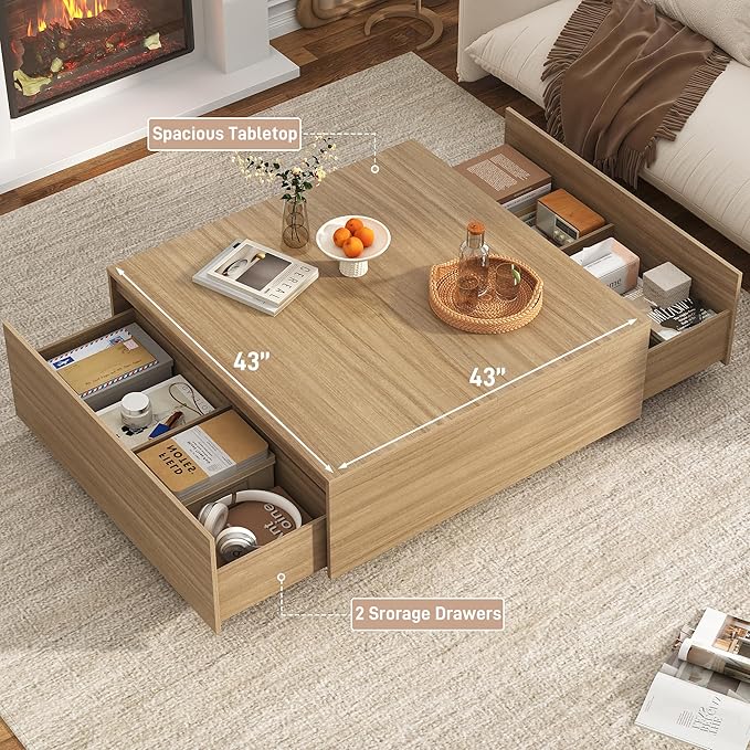 43” Square Coffee Table with Storage, 43" D x 43" W x 17" H Modern Large Square Center Table with 2 Drawers, Wood Coffee Table for Living Room, Light Brown,Bedroom,Light Brown-Ruum Studio Home