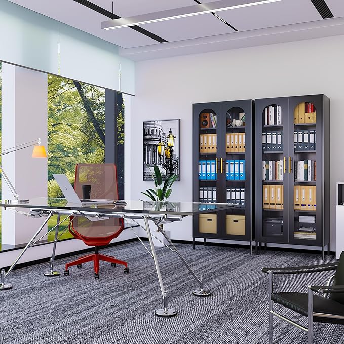 71" Tall Display Cabinet, 5-Tier Bookshelf with Doors & Adjustable Shelf, Modern Storage Cabinets Ideal for Book, Wine, Collectibles, Free Standing Bookcase for Home, Office, Living Room-Ruum Studio Home