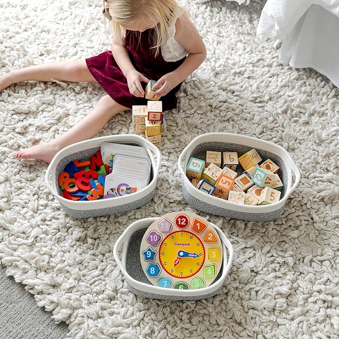 NaturalCozy 5-Piece Rectangle Storage Basket Set- Natural Cotton Rope Woven Baskets for Organizing! Small Basket for Montessori, Baby Nursery, Dog Toy Baskets, Cat Toy Box, Bathroom Organization Bin-Ruum Studio Home
