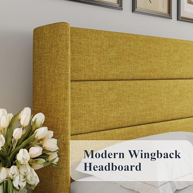Allewie Full Size Lift Up Storage Bed, Modern Wingback Headboard, Hydraulic Support, No Box Spring Needed, Olive Yellow-Ruum Studio Home