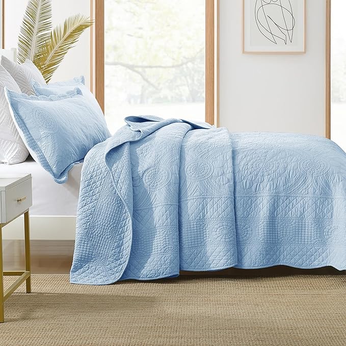 MarCielo 3-Piece 100% Cotton Oversized Bedspread Lightweight Quilt Coverlet Embroidery Farmhouse Bedding Set (Tf Light Blue, Oversized Queen (100"x106"))-Ruum Studio Home