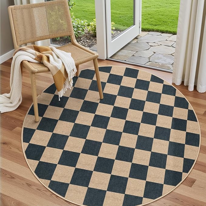 Lahome Checkered Round Rugs 6ft, Outdoor Patio Easy Jute Rug Indoor Outdoor Circle Carpet, Farmhouse Nature Non Shedding Non Slip Washable Black Carpet for Living Room Entry Deck-Ruum Studio Home