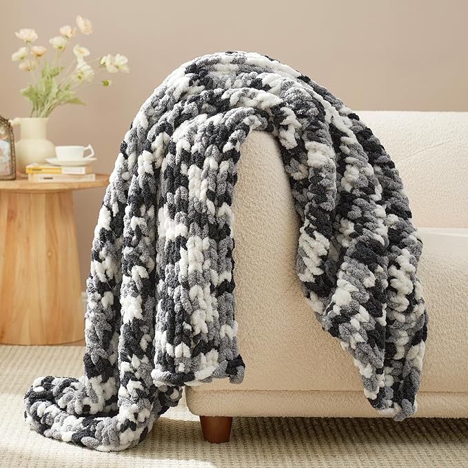 Amélie Home Chunky Knit Throw Blanket for Couch, Soft Chenille Crochet Blanket for Sofa, 50"x60", Space-Dyed Black-Ruum Studio Home