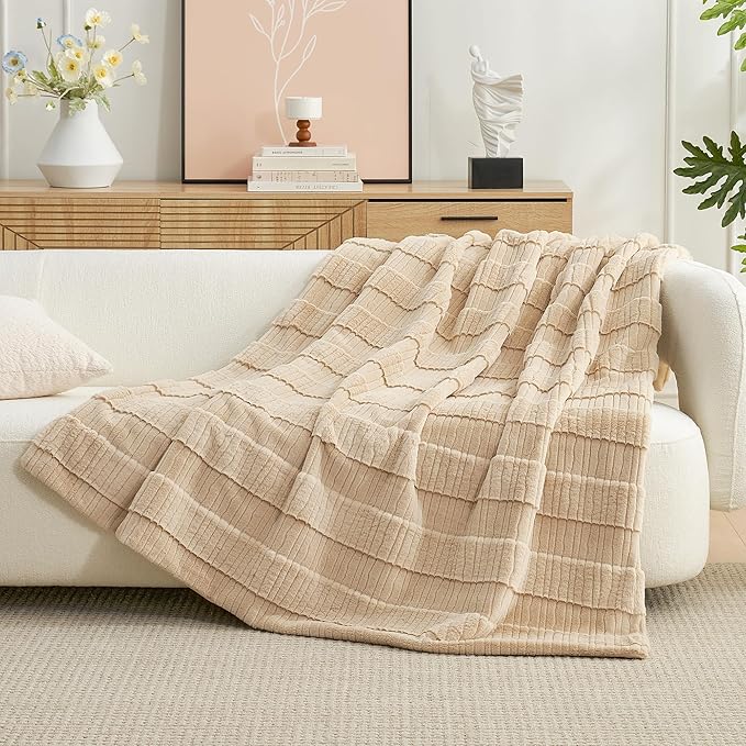 Amélie Home Luxury Striped Faux Fur Throw Blanket for Couch, Embossed Split Fur Cozy Fuzzy Fluffy Luxurious Soft Plush Sofa Chair Bed Gift Blankets for Women Men Wife Friend, 55"x70", Beige-Ruum Studio Home