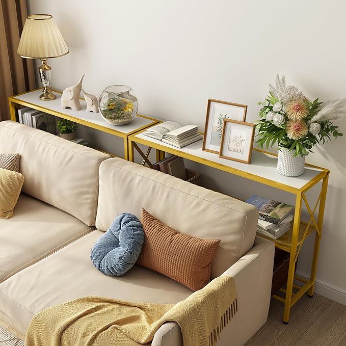 Hoctieon Gold Console Table, 3 Tier Entryway Table, Hallway Table, Narrow Sofa Table with Shelves, Entrance Table for Entryway, Gold and White-Ruum Studio Home