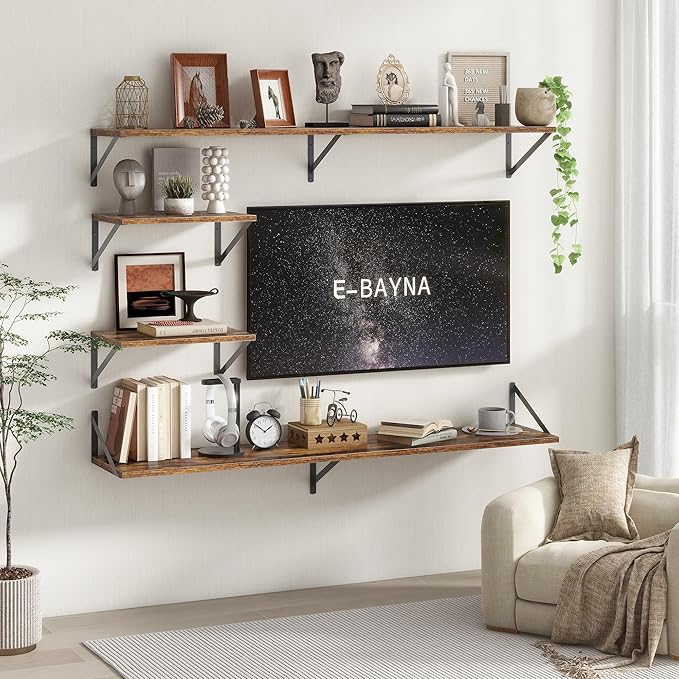 Floating Shelves 48 Inch Long, 10" Deep Floating Shelves, Wall Shelves 48 x 10, Set of 2, Wide Large Display Storage Shelves for Bathroom, Living Room, Rustic Wood Shelves with Brackets, Rustic Brown-Ruum Studio Home