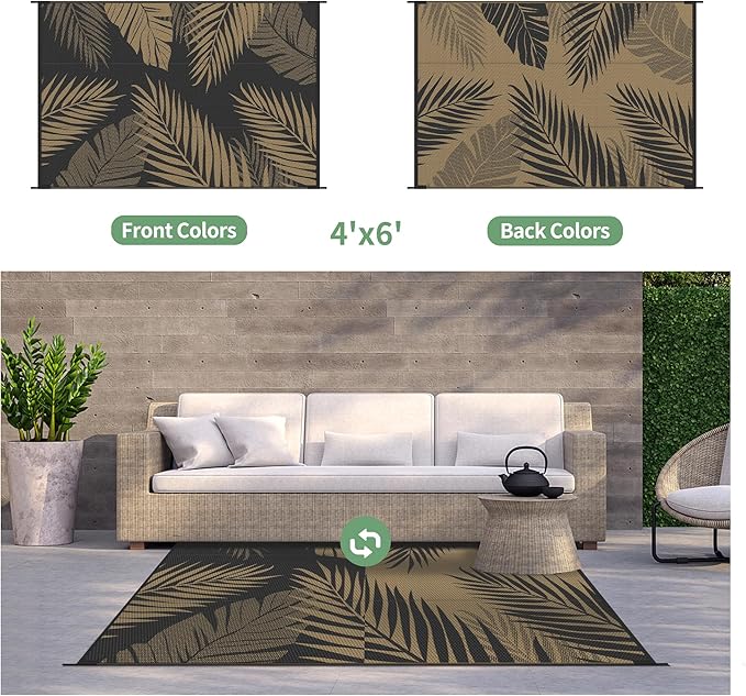 GENIMO Outdoor Rug 4' x 6' Waterproof for Patios Clearance, Reversible Outdoor Plastic Straw Camping Rug Carpet, Large Area Rugs Mats for RV, Camper, Deck, Balcony, Porch, Beach, Picnic, Black&Brown-Ruum Studio Home
