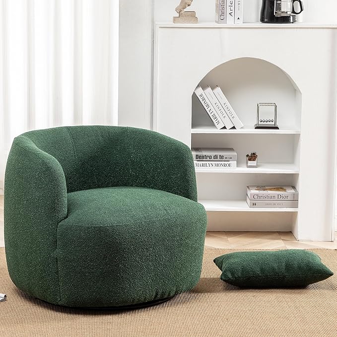 KINWELL 34" Wide Boucle Swivel Barrel Chair, No Assembly Round Upholstered Armchair Accent Chair Single Sofa Chair with Toss Pillow for Living Room and Bedroom, Green-Ruum Studio Home