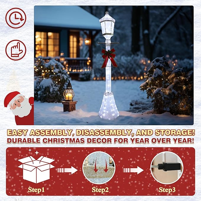 6FT Lighted Freestanding Lamp Post for Christmas Decoration, Pre-Lit Iridescent Post Lamp with 120 LED Lights & Removable Bow, Outdoor 3D Glittered Standing Festival Display, White-Ruum Studio Home