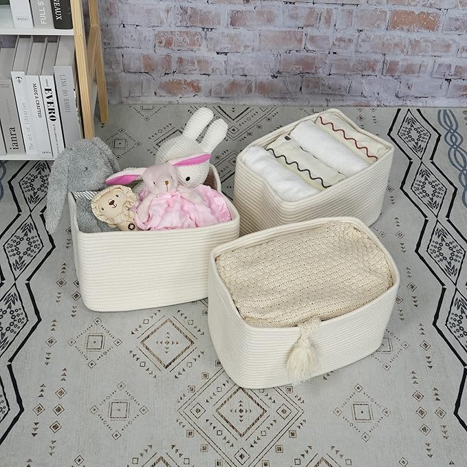 Cotton Rope storage Basket Bins Woven Basket for Organizing Shelves Rectangle Decorative Baskets For storage Clothes Toys Books Towels Square Wicker Nursery basket organizer 3 pack white-Ruum Studio Home