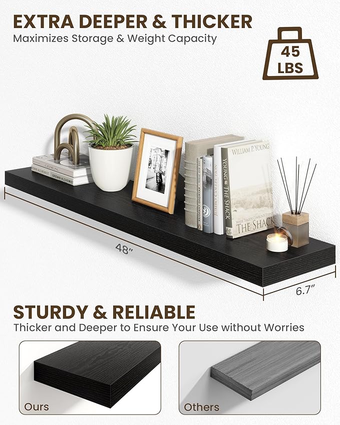 Marsmiles 48" Floating Shelves for Wall, Wooden Shelves with Invisible Brackets Set of 2, Rustic Farmhouse Wall Mounted Shelf for Kitchen Bathroom Living Room Study, Black-Ruum Studio Home