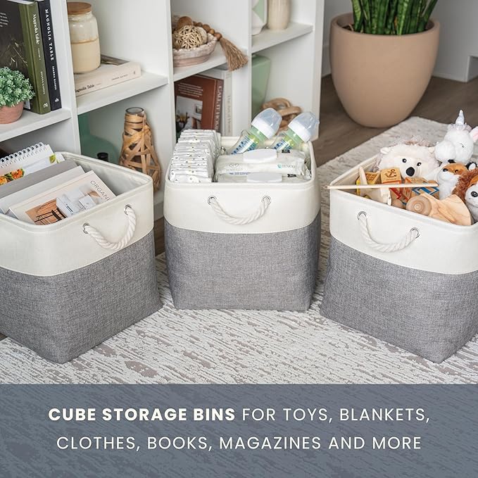 OrganiHaus 13x13 Cube Storage Bins 4 Pack, Foldable Cube Storage Organizer w/ Rope Handles, Collapsible Fabric Bins for Toys, Clothes & Closet Organization, Fabric Square Baskets - Gray/White-Ruum Studio Home