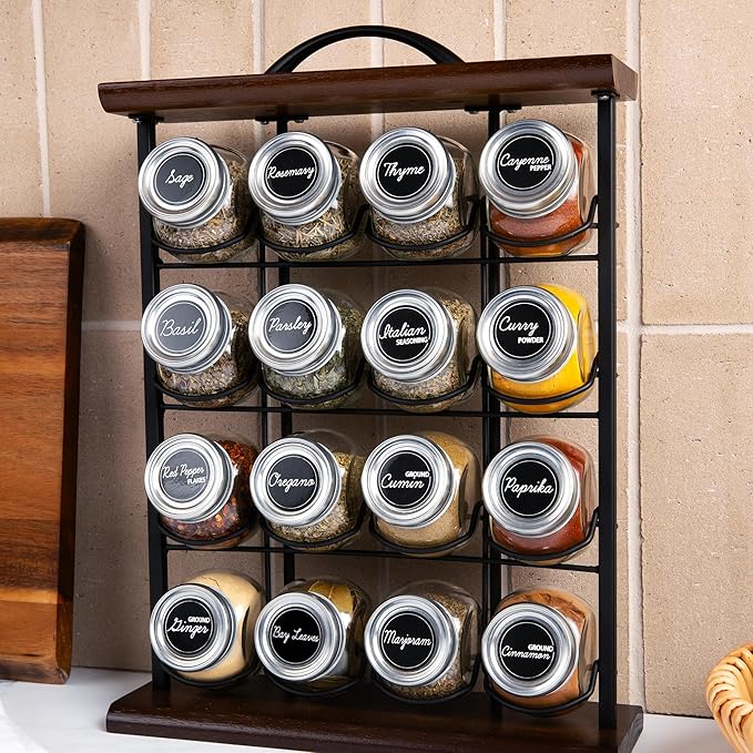 Orii 16 Jar Acacia Wood & Metal Wire Spice Rack with Spices Included, Storage for Spices and Seasoning, Black & Brown-Ruum Studio Home