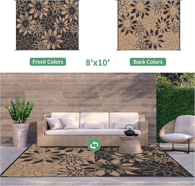 GENIMO Outdoor Rug Waterproof for Patio Decor, 8' x 10' Reversible Plastic Straw Floral Camping Carpet, Large Area Rugs Mats for RV, Camper, Deck, Balcony, Porch, Beach, Picnic, Black & Brown-Ruum Studio Home