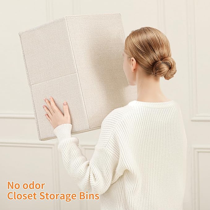 Linen Folding Storage Bins, 3 Pack Large Storage Baskets, Washable, Clothing Storage Bins with Handle, Closet Organizer for Storage Sweater,Sheets(Beige, 18½"x11" x8½")-Ruum Studio Home