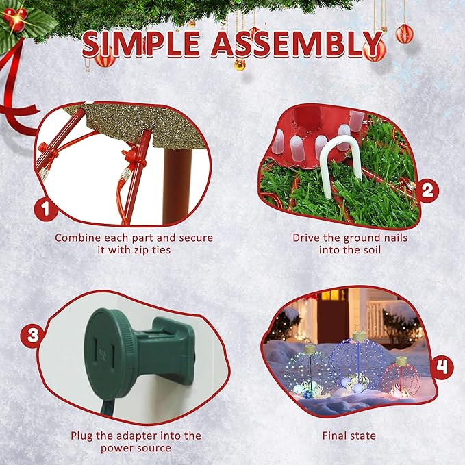 Outdoor Christmas Decorations, Set of 3 Lighted Christmas Ball Ornaments with 570 LED Lights, 6 Ground Stakes, Included 20 Small Plastic Xmas Ball Ornaments for Holiday Decor Yard-Ruum Studio Home